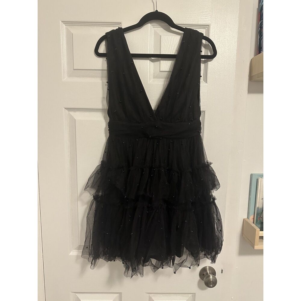 Lulus Black Beaded Tulle Tiered Mini Dress Size M